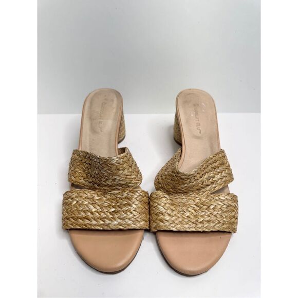 Chocolat Blue Sandals Size 8 Raffia Slide Sandals Block Heel Leather Lining - Picture 4 of 8